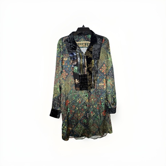 John Mark Tops - John Mark Womens Med Black Velvet Burnout Floral Colorblock Tunic Top Tab Sleeve